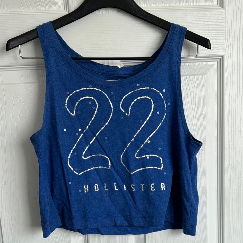Hollister Blue Graphic Crop Tank Top Loose Fit Flowy Muscle Tank